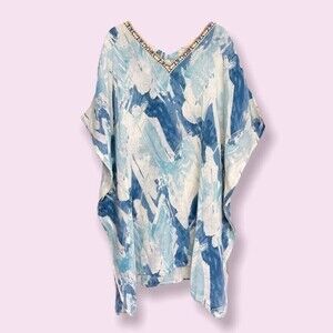 Johnny Was 3J Workshop Boho Tunic Blue White V Neck Lightweight Womens Size XS